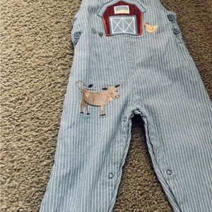 Striped Blue Kids Overalls with Farm Embroidery
